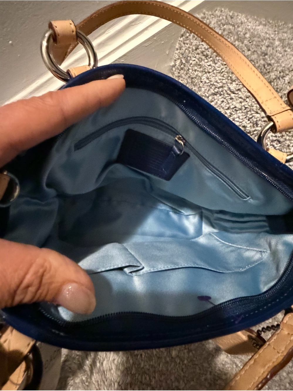 Coach Leah Embossed Signature Navy Blue Patent Leather Hand Bag - Picture 3 of 8